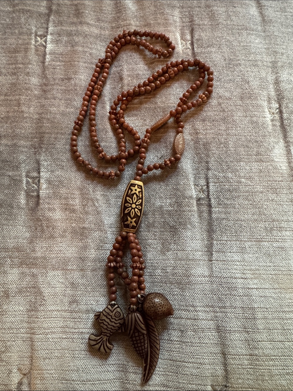Handmade Boho Charm Necklace | Fish Feather & Leaf Beads